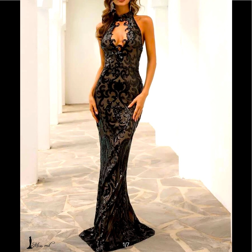 Black halter neck cut out sequin dress